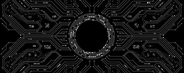 AI circuit board with electronic details on black background for UI and GUI design. Hi-tech panel with light effect. Modern technology vector illustration. EPS 10