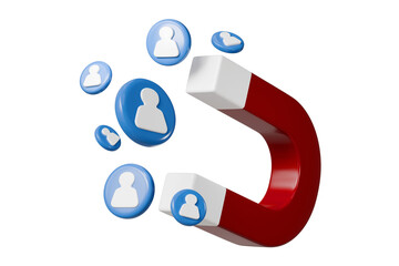 3d Magnet attracting people icon symbol. Digital social marketing, Customer attraction people with magnet, attracting followers, business strategy, subscriber counting. Recruitment concept. 3d render.