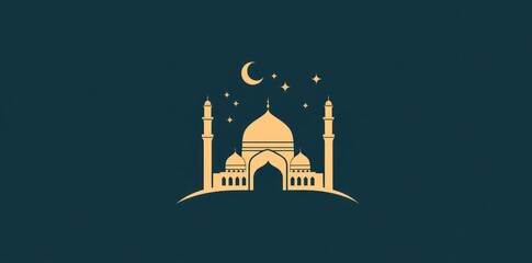 A Golden Mosque with a Crescent Moon and Stars on a Dark Blue Background