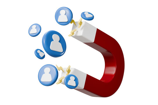 3d Magnet attracting people icon symbol. Digital social marketing, Customer attraction people with magnet, attracting followers, business strategy, subscriber counting. Recruitment concept. 3d render.