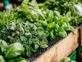 Fresh Green Herbs Growing in a Wooden Planter Box