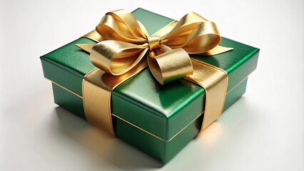 Obraz premium A single emerald green gift box, adorned with a luxuriously tied golden bow, rests on a plain white surface, ready to be opened and reveal the treasure within.