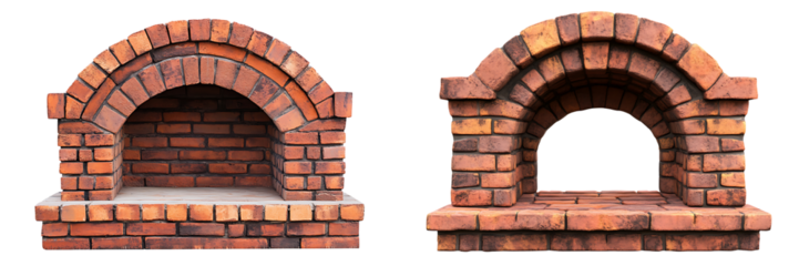 Set of a fireplace made of red bricks with an arched opening, isolated on a transparent background.