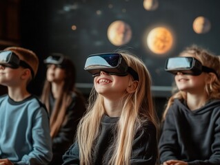 Children Wearing VR Headsets Look Up At Space-Themed Display