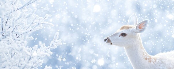 Beautiful deer stag in the winter forest. Noble deer against snowy trees. Wildlife scene from nature. Christmas and winter holidays concept. Animal in natural landscape