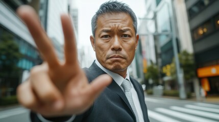 Obraz premium プロフェッショナルなコミュニケーションコンセプトのために都会の場で拒否のジェスチャーを示すビジネスマン