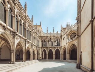 Obraz premium A serene courtyard featuring Gothic architecture with arches and intricate stonework.