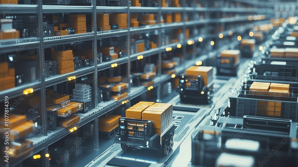 Poster automated warehouse system with robots sorting and organizing packages, optimizing the storage and r