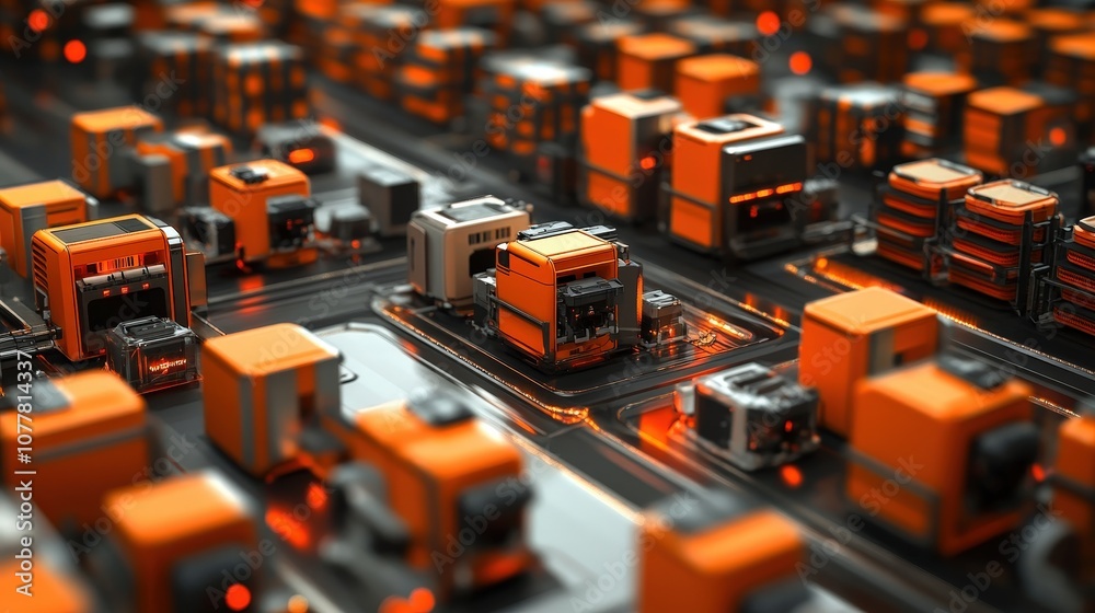Poster automated warehouse system with robots sorting and organizing packages, optimizing the storage and r