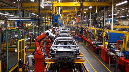 Automotive assembly line with vehicles being assembled in stages, robotic arms placing parts with precision in a coordinated flow