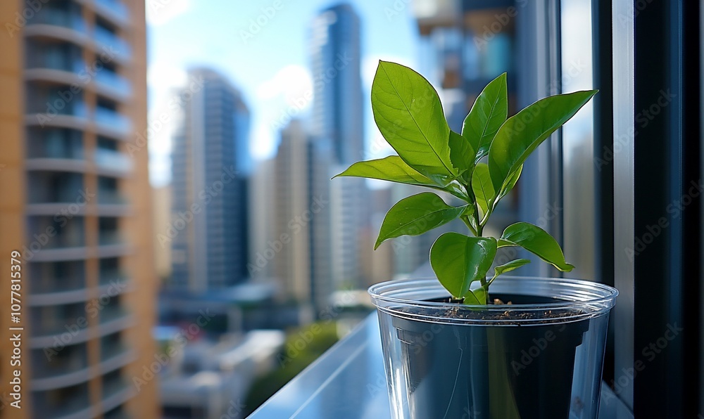 Poster a small plant in a plastic pot sits on a window sill with a cityscape view in the background.