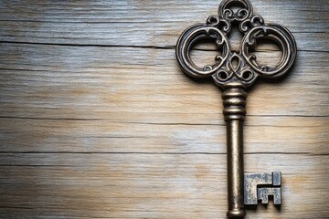 An antique, ornate key lies on a rustic wooden surface.