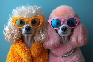 Fototapeta premium charming poodles with oversized vibrant sunglasses and colorful hairstyles adorned with vintage accessories captured in a playful studio shot whimsical mood