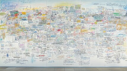 Fototapeta premium A colorful mural filled with handwritten notes and sketches, expressing diverse thoughts and ideas.