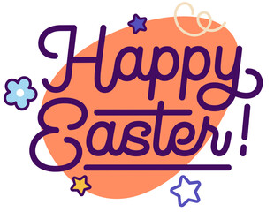Lettering Happy Easter with egg, flower and stars text