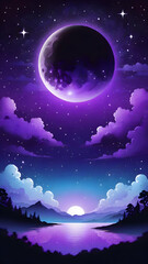 Naklejka premium Purple gradient mystical moonlight sky with clouds and stars phone background wallpaper, mobile background.
