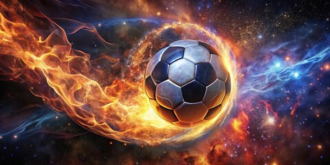 Fototapeta premium A fiery orb of a soccer ball ignites the cosmic canvas, leaving a trail of incandescent energy in its wake.
