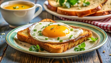 Golden Fried Egg on Toasted Bread with a Side of Greens and a Cup of Broth