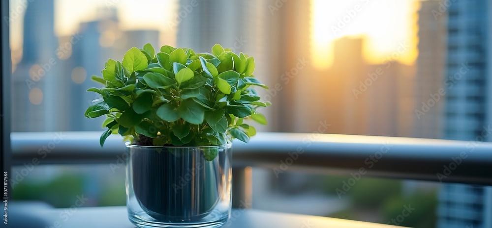 Poster a small potted plant sits on a table in front of a window with a city skyline in the background.