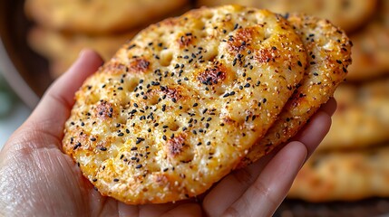 A hand holding two golden, crispy flatbreads topped with seeds, showcasing their texture and color against a blurred background of more breads.