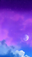Fototapeta premium Purple gradient mystical moonlight sky with clouds and stars phone background wallpaper, mobile background.