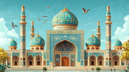 Ornate Mosque with Teal Domes and Intricate Tilework