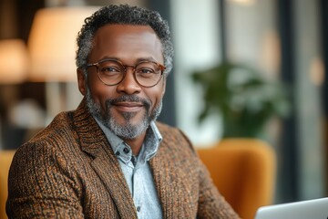Obraz premium cheerful mature businessman focused on a laptop wearing glasses seated in a welllit office environment exuding confidence and positivity surrounded by modern office decor and sunlight