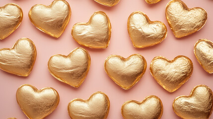 Gold foil heart chocolates on pink background