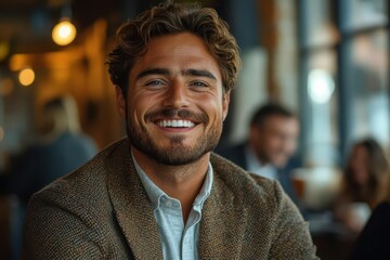 Obraz premium cheerful young businessman in a modern office laughing and engaging in conversation with colleagues capturing a lighthearted workplace atmosphere filled with positivity and collaboration