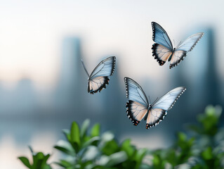 Fototapeta premium Three delicate butterflies flutter gracefully among lush green foliage against a soft, blurred city backdrop.