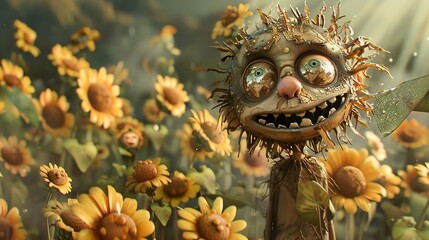 Smiling Sunflower Creature in a Field of Sunflowers - Digital Fantasy Art