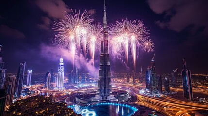 Fireworks explode over the Dubai skyline, illuminating the city in a vibrant display of color and light.