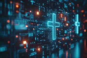Fototapeta premium A glowing neon blue cross symbol embedded in a futuristic digital grid.