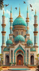 A grand mosque with multiple domes and minarets, adorned with intricate details and surrounded by palm trees
