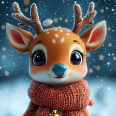 Cute Cartoon Reindeer Wearing a Red Scarf in the Snow