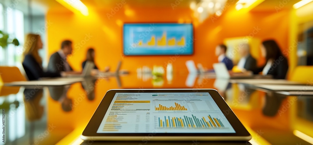 Aufkleber A tablet displaying charts sits on a conference table with a blurred background of a meeting in progress.