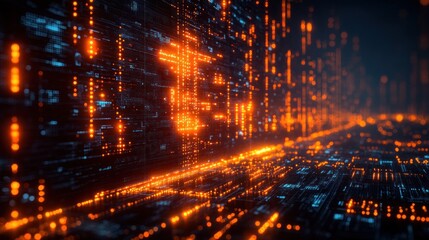 Fototapeta premium Abstract digital landscape with glowing data streams and patterns.