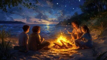 Cozy Bonfire Night at the Beach Under Starry Sky