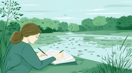 Fototapeta premium A woman writes in a notebook by a serene riverside, surrounded by nature.