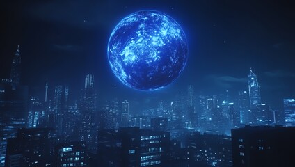 A futuristic cityscape illuminated by a large, blue, glowing moon.
