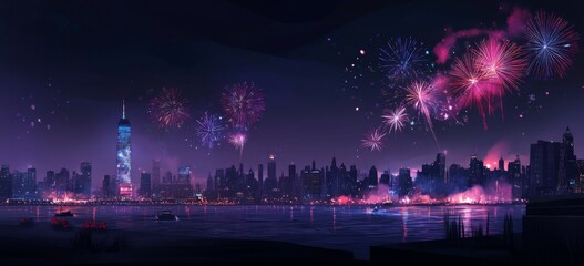 A festive New Year's Eve celebration with fireworks lighting up the night sky over a city skyline,space for text