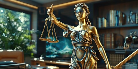 Obraz premium Golden Lady Justice Statue with Blindfold, Scales, and Sword