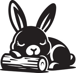 Content rabbit resting with eyes closed leaning against a small log silhouette