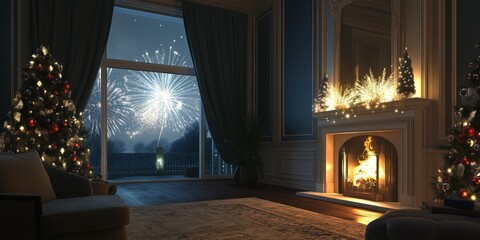 Luxury home New Year's Eve celebration with a view of fireworks outside,space for text