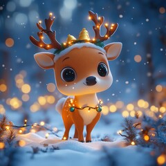 Cute Reindeer with Christmas Lights in Snowy Forest