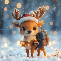 Cute Reindeer with Christmas Lights and Gift