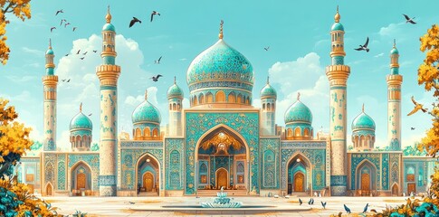 A Grand Mosque with Blue Domes and Intricate Tilework