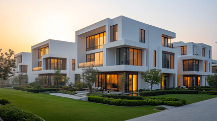 Fototapeta premium Elegant white apartment buildings surrounded by greenery and sunset views highlight modern living.