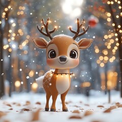 Cute Reindeer in Winter Wonderland with Christmas Lights