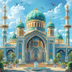Ornate Blue and Gold Mosque with Fountains and Birds